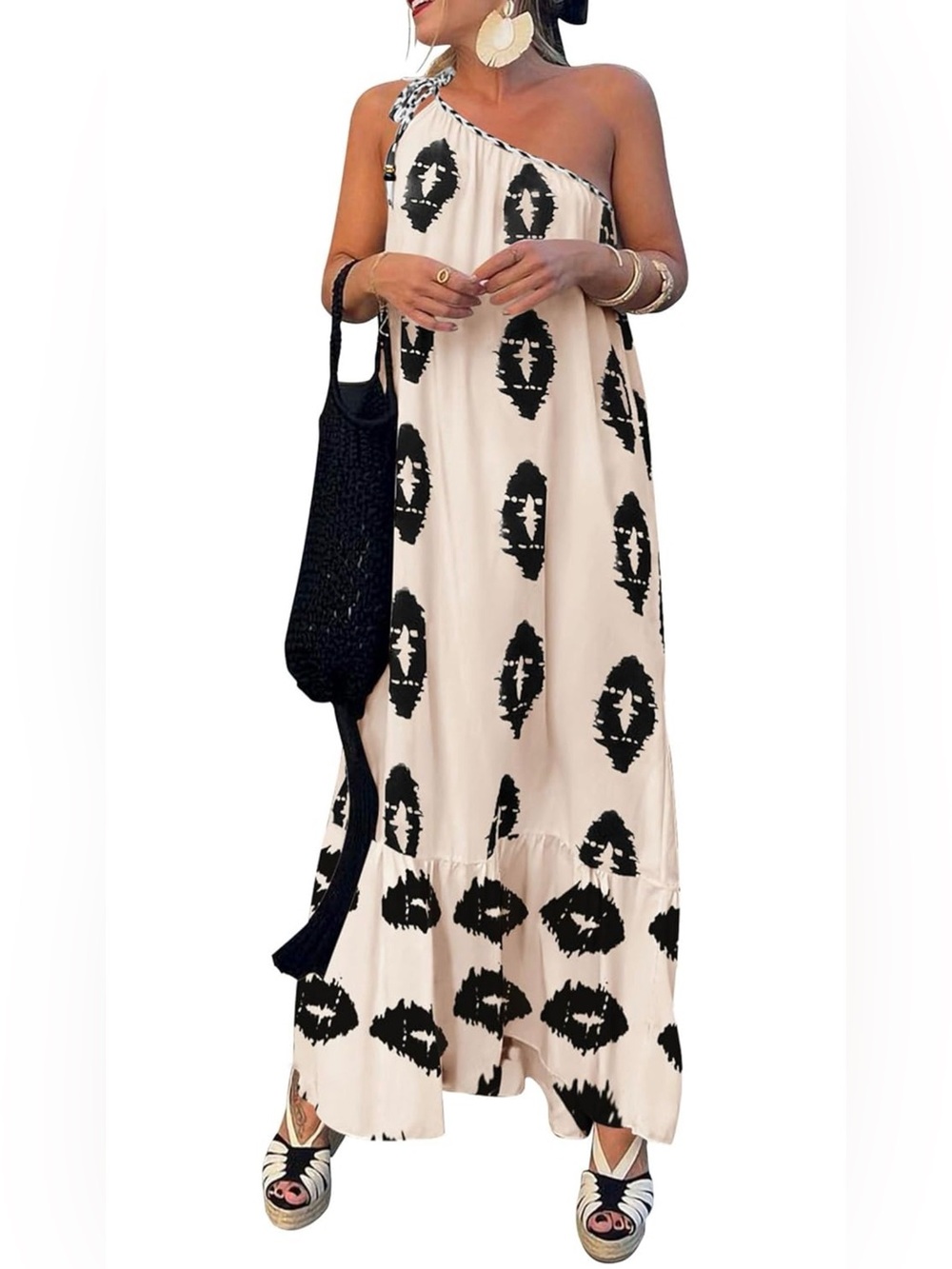 One-Shoulder Cream Maxi Skirt with Black Ikat Motif